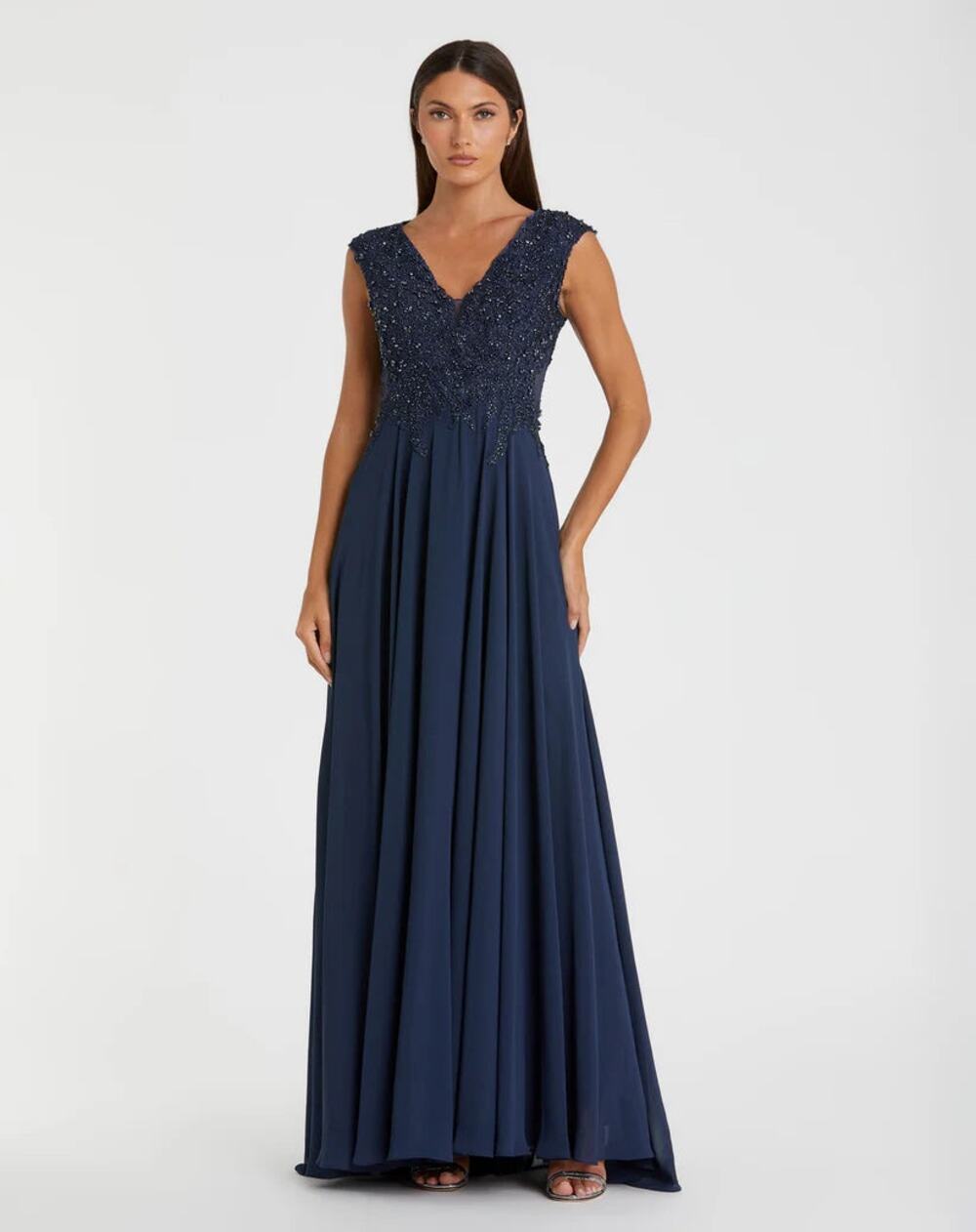 Mac Duggal Navy Applique Cap Sleeve Bodice Flowy Gown Size 14